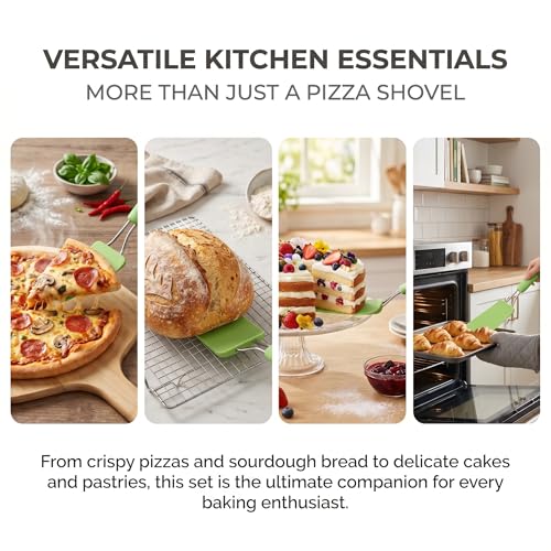 Sliding Pizza Shovel Set, Pointed and Square Head Spatula for Pizza, Pastry, Bread with Silicone Blade, Green, 2 Piece