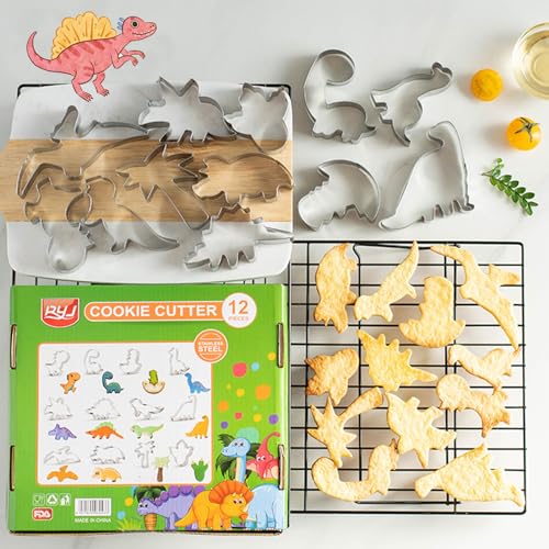 12 Pcs Dinosaur Cookie Cutters, Footprint, Eggs,Brontosaurus, Camarasaurus, Stegosaurus, Thiceratops Stainless Steel Cookie Cutters for Baking (Dinosaur) - color: Dinosaur