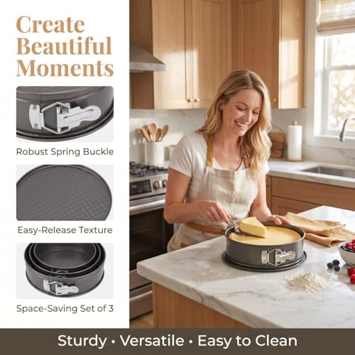 3Pcs Springform Cake Pan Set - Nonstick Round Carbon Steel Bakeware with Removable Bottom for Cheesecake Pizza Bread, Black(20+22+24cm) - size: 20+22+24cm