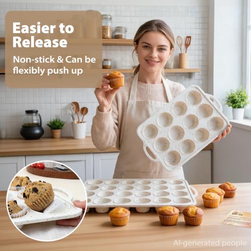 Silicone Mini Muffin Pan Set: 12 & 24 Small Cupcake Baking Pan with Frame - color: Creamy Confetti, size: Regular & Mini: 12 Cup & 24 Cup