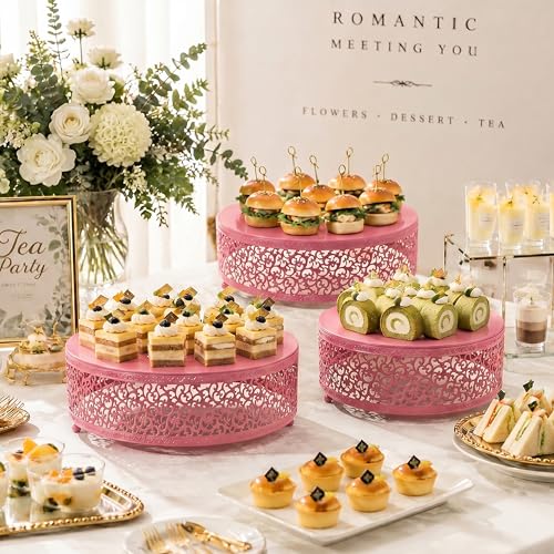 3Pcs Metal Food Risers, Buffet Table Display Stand - color: Pink, size: 3P-Round(8IN to 12 IN)