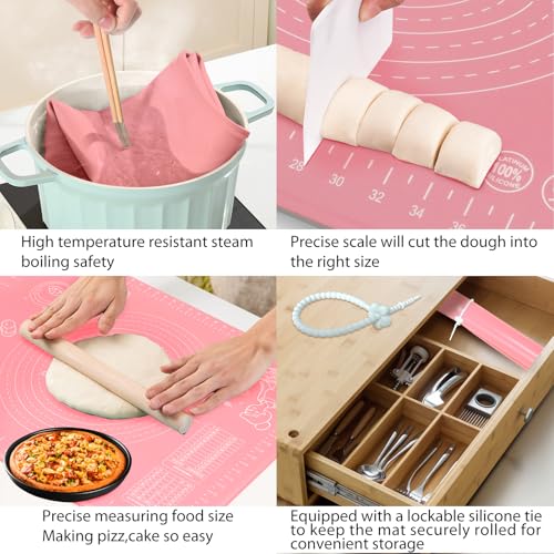 Silicone Pastry Mat 28" x 20" Extra Thick Non Stick Baking Mat with Measurements and Edge Heightening, Food Grade Silicone Rolling Mat for Pastry, Bread, Cookies, Pizza, Fondant, Pasta - Pink - color: Pink, size: 28"L x 20"W