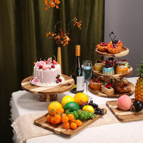 RattanView 7 Pcs Wooden Dessert Display Set 3 Tier Stands Trays, Brown - color: Brown