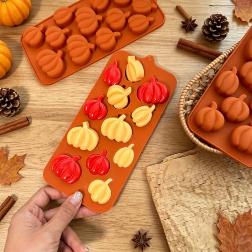 3 Pack Pumpkin Silicone Molds, 3 Sizes Mini Pumpkin Shaped Chocolate Candy Molds Food Grade Silicone Ice Cube Molds for Fall Festival Thanksgiving Halloween Baking, Jelly, Soap, Wax Melts - color: Pumpkin