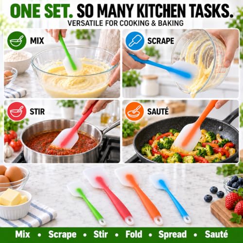 HiramWare Silicone Spatula Set of 4, Heat Resistant, Food Grade - size: 2 Large(Orange, Red) + 2 Small(Blue, Green)