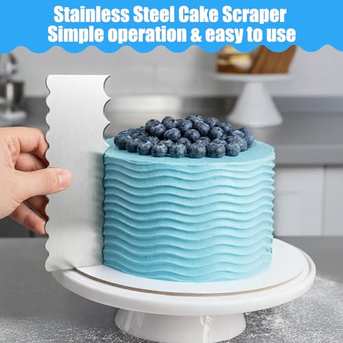 Xinjoduz 2 PCS Stainless Steel Metal Cake Scraper Smoother, 8.7" Double Sided Patterned Stripe Edge Icing Smoother Scraper Cake Decorating Supplies for Frosting Butter Mousse Cream Decoration