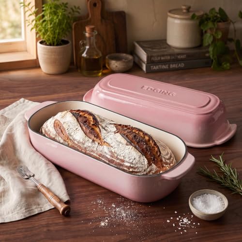 EDGING CASTING Enameled Cast Iron Loaf Pan with Lid, Bread pan, Dutch Oven Bread pan for Homemade Sourdough Bread Baking, 12.5x5.5 inch, 5qt, Pink - color: Pink