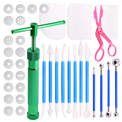 Swpeet 36Pcs Green Clay Extruder Gun Fondant Sugar Paste Extruder Clay Cake Sculpture Gun, Ball Stylus Dotting Tool with Plastic Scraper, Cake Decorating Supplies Modeling Tool - color: Green