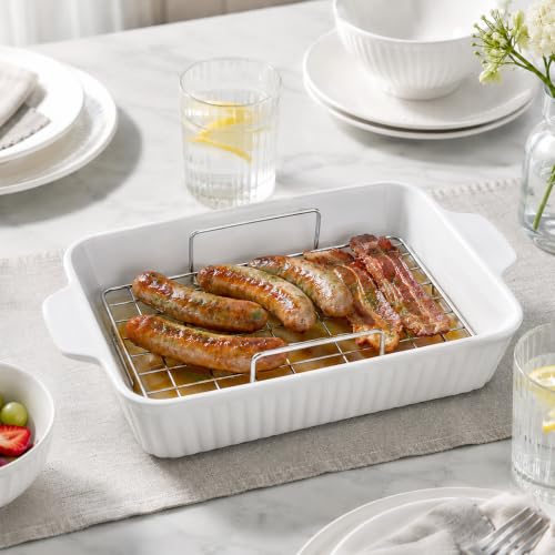 DOWAN 9x13'' Baking Dish with Handles Rack, Deep Ceramic Casserole Pan & Stainless Steel Roasting Rack for Oven, Chicken & Meat Resting, Ceramic Lasagna Pan, Dishwasher & Microwave Oven Safe-White - color: White