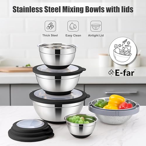 E-far Stainless Steel Mixing Bowls with Lids & Colander, 15PCS - color: Black