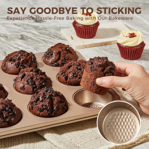 HONGBAKE 9-Piece Baking Pans Set Nonstick, Stackable Non Toxic Bakeware Sets with Diamond Texture, Oven Pan Set for Cooking, Includes Cookie Sheet with Rack, Cake Pan, Roasting Pan, Muffin Tin, Gold - color: Champagne Gold