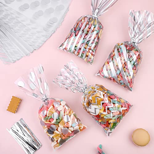 Aodaer 100 Pieces 10.6 x 5.1 In Silver Cellophane Bags Plastic Candy Gift Bags Cellophane Treat Bag with Twist Ties Stripes Polka Dot Printed Pattern Goodie Bag for Birthday Weddings Party Favors - color: Silver