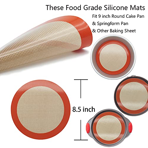 Silicone Baking Mats, 2 PCS Round Silicone Mats for 9 Inch Cake Pan, Non-Stick Reusable Cookie Sheet Liners for Baking Pans for Cake/Bread/Pizza/Macaron/Pastry/Cookie/Bun/Pie - size: 9"L x 9"W