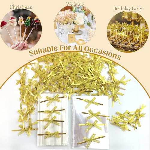 100 Sets Clear Rice Crispy Treat Bags 4x6in with Sticks and Ties Gold Bow