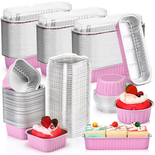 Rtteri 150 Pcs Mini Cake Pans with Lid Disposable Ramekins 6.8oz 5oz, Pink - color: Pink