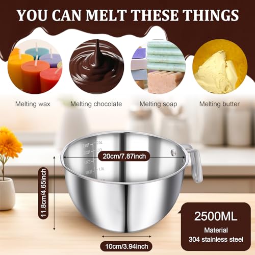 304 Stainless Steel Double Boiler Set - 2.6QT Melting Bowl with Scale and Handle - 4.2QT Dual-Handle Pot - Stackable Water Bath Melting Pot Set for Butter, Chocolate, Wax, Sugar, Candle