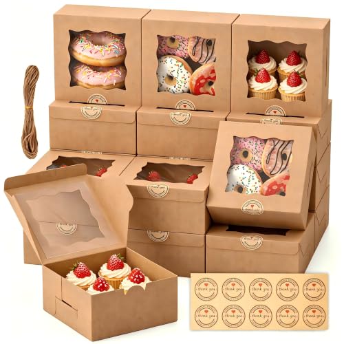 50Pcs 6x6x3 Inch Cookie Boxes with Window, Boxes for Baked Goods - size: Medium-Brown
