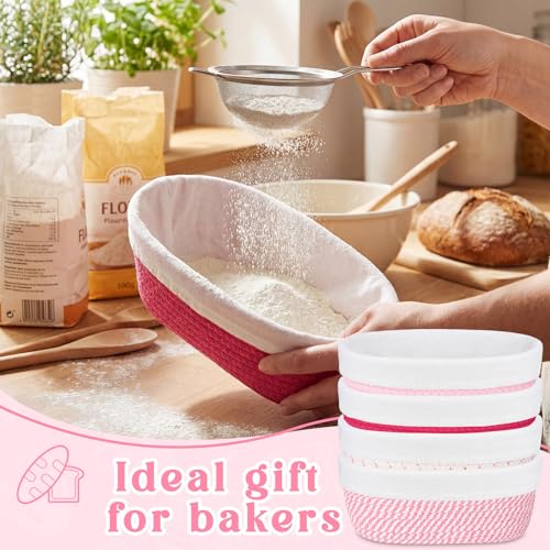 4 Pcs 10 Inch Tones Cotton Rope Banneton Bread Proofing Basket Set Oval Banneton Basket Sourdough Bread with Liners Covers for Baking Supplies (Pink) - color: Pink Tones, size: 10 Inch