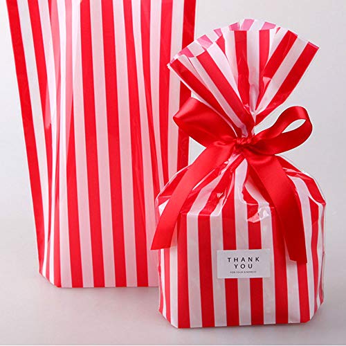 YESON 50 Count Red Stripe Clear Cellophane Treat Bags 6x9 Inch, Transparent Cello Cookie Candy Plastic Bags, Valentines Day Gift Wrapping Bags for Chocolate, Dessert, Small Presents, Party Favors - color: Red Stripe 7.8x5.5x2.3