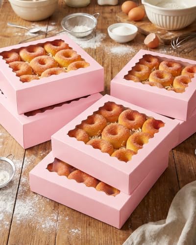qiqee Auto-pop Up Pink Pie Boxes with Window 10x10x2.5 inch 20Packs Cookie Donut Bakery Box - color: Pink, size: 10"x10"x2.5"/20 Pcs