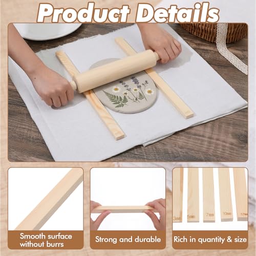 12 Pcs Pottery Tools Set with Clay Rolling Pin, Wooden Rolling Pin for Pottery Wheel, 10 Teaching Mud Stick Guides, Linen Tablecloth for Ceramic Craft, Portable Wedging Board Alternative
