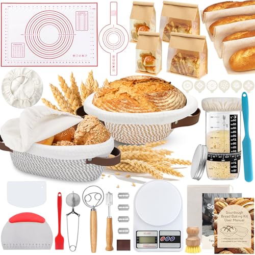 Aliggbent 38Pcs Sourdough Bread Baking Supplies – 11'' Oval & 10'' Round Cotton Rope Banneton Bread Proofing Baskets with Liners & Covers, Sourdough Starter Jar Kit, Scale, Bags & Bread Making Tools - size: 11'' 38Pcs Set