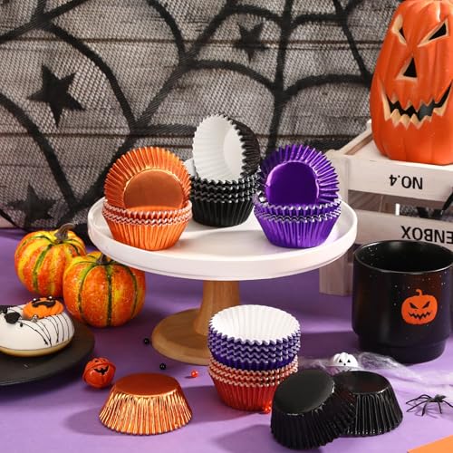 SANNIX 450Pcs Halloween Foil Cupcake Liners Muffin Liners Baking Cups - color: Black Purple Orange