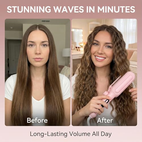 1&1.25 Inch Hair Crimper for Women - Curling Iron Waver Hair Tool to Adjustable Groove - Rizadora para Cabello - Anti-Scald Tech Hair Waver - Ionic Ceramic Coating for Long-Lasting,Fast Heating,Pink - color: Pink