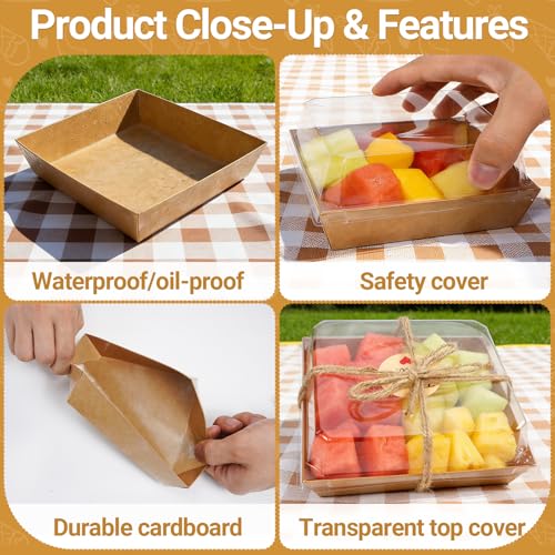 50 Sets Kraft Mini Disposable Charcuterie Boxes with Clear Lids - color: brown