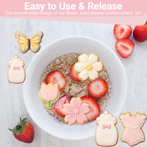 Flower Baby Shower Cookie Cutters Set, 8PCS Stainless Steel Cherry Blossom, Tulip, Daisy, Butterfly, Bottle, Dress, Rattle, Baby Blessing Frame Biscuit Cutters for Baby Shower Party Baking Decoration