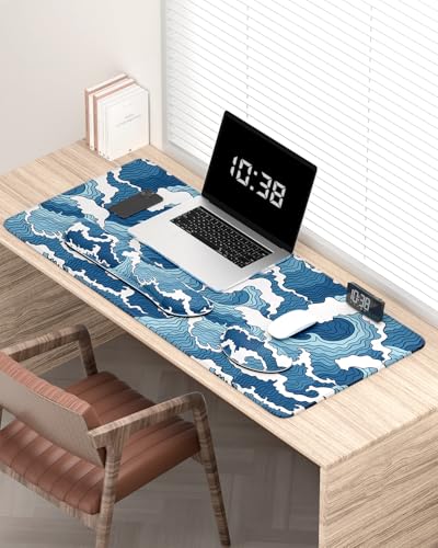 Large Mouse Pad with Wrist Rests for Keyboard & Mouse, Thick Soft Ergonomic Memory Foam Wrist Supports, Big & Long Desk Mat 35.5 x 15.7 in, for Office Gaming Computer, Blue Wave - color: Blue Japanese Wave