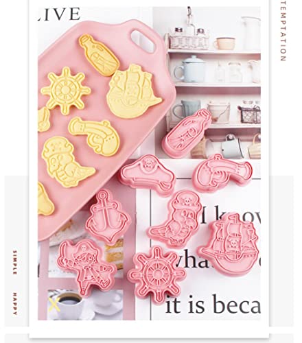 8 pcs Cute Pirate Cookie Cutters,Pirate Ship Cookie Stamps Set (Pirate) - color: Pirate