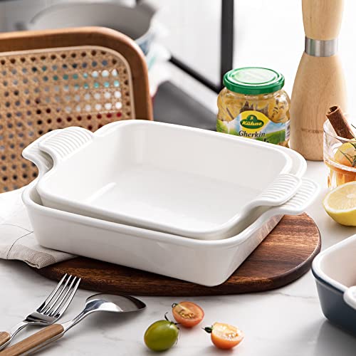 Sweejar Ceramic Baking Dish, 8 x 8 Cake Baking Pan for Brownie, Porcelain Square Bakeware with Double Handle for Casserole, Lasagna, Family Dinner (White) - color: White, size: Square 8IN
