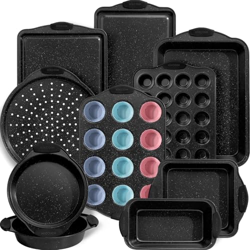 Kikcoin 22 PCS Nonstick Baking Pans Set, Stackable Bakeware Sets with Silicone Handles, 450°F Oven Safe Baking Sheet set, Easy Release Cookie Sheets for Baking, Black - color: Black