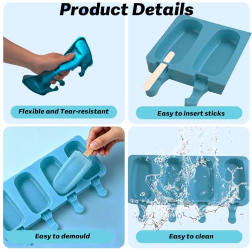Silicone Popsicle Molds, 2 Pcs Blue Popsicles Molds, 4 Cavities Ice Cream Mold with 50 Wooden Sticks for Making Cakesicles Fudgesicle Candy DIY Cake Ice Pop Summer Party Supplies - color: Blue