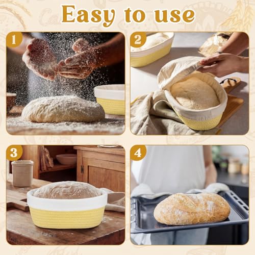 4 Pcs 10 Inch Bread Proofing Basket Set Cotton Rope Oval Banneton Basket Sourdough Bread with Liners Covers for Baking Supplies (Yellow) - color: Yellow, size: 10 Inch