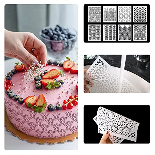 DI QIU REN 8PCS Cake Decorating Stencils & Templates, 8x9.8Inches Large Floral Cake Printing Fine Hollow Lace Cookie Fondant Dessert Cake Templates, Side Baking Mesh Stencil Tool for Cake Decor
