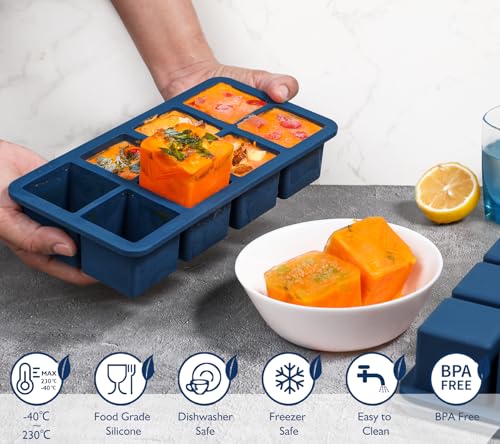 Webake 1/2 Cup Silicone Freezer Tray with Lids, 8-Grid Square Ice Cube Mold, Ideal for Prep & Portion, Large Ice Cube, Storage Soup, Snack, Broth, Leftovers, Pack of 2 - color: Dark Blue