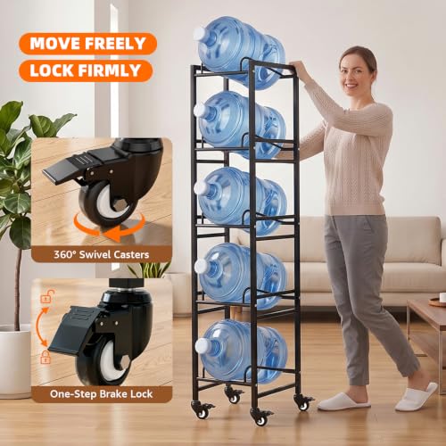 5 Gallon Water Jug Holder with 4 Locking Casters, 5-Tiers Water Jug Stand - size: 5 Tier-Single Row