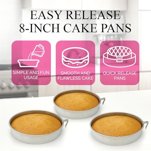 Aunt Shannon's Kitchen 8 Inch Round Cake Pans, 3 Pack, Silver Cake Pan with a Built-in Swivel Blade, Easy Release Cake Pans Set for Baking, Baking Pans Set for 3-Layer Cake, Dishwasher Safe