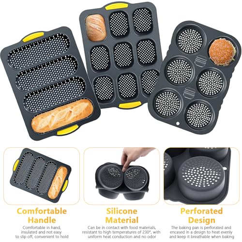 3 Pcs Silicone Hamburger Bun And Baguette Pan Set with Tools