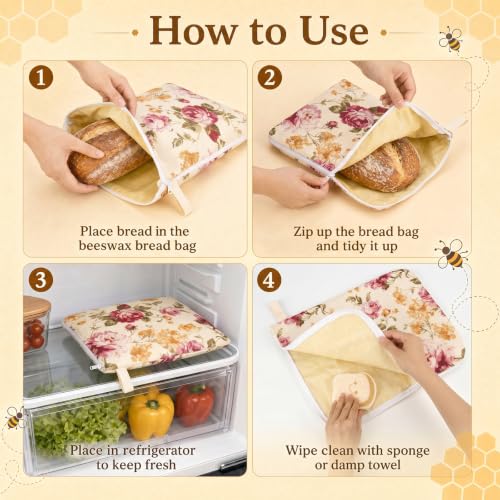 4-Pcs XL Beeswax Bread Bag Set: 2 Bags, Bowl Cover & Cleaning Sponge - color: Flower