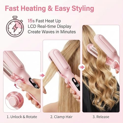 1&1.25 Inch Hair Crimper for Women - Curling Iron Waver Hair Tool to Adjustable Groove - Rizadora para Cabello - Anti-Scald Tech Hair Waver - Ionic Ceramic Coating for Long-Lasting,Fast Heating,Pink - color: Pink
