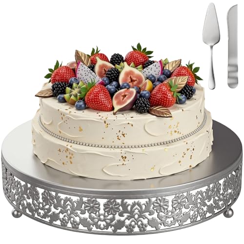 Wenqik 12 Inch Silver Cake Stand Set Metal Round Cupcake Dessert Stand with Cake Cutting, Flower Spatula Wedding Cupcake Pastry Display Candy Holder Display for Wedding Party Birthday Baby Shower - color: Silver, size: 12 Inch