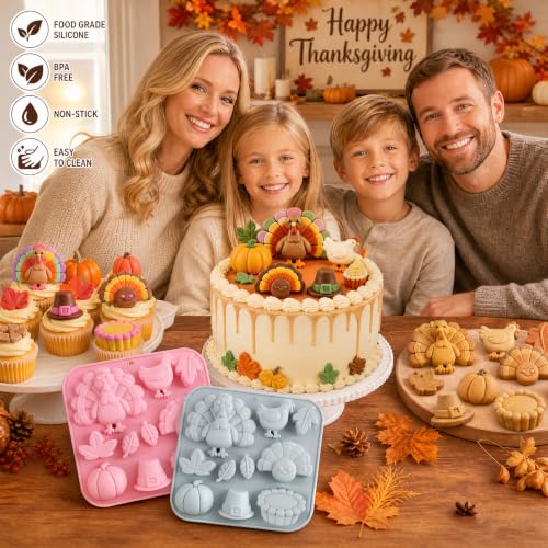 MEMOVAN Fall Thanksgiving Silicone Mold 3D Pumpkin Turkey Chocolate Molds - color: pink grey