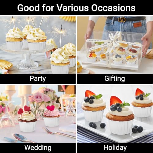 EUSOAR Silver Cupcake Liners, 50pcs 3.5oz Cupcake Holders Disposable Dessert Containers, Mini Cheesecakes Baking Cups Aluminum Foil Wrappers Muffin Ramekins for Birthday Wedding Bridal Party - color: White/Sliver, size: 50pcs