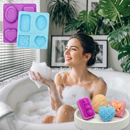 SJ 3D Silicone Craft Mold Set, 2-Pack 4-Cavity Soap & Craft Molds - color: Purple+Blue / 3D Flower Pattern