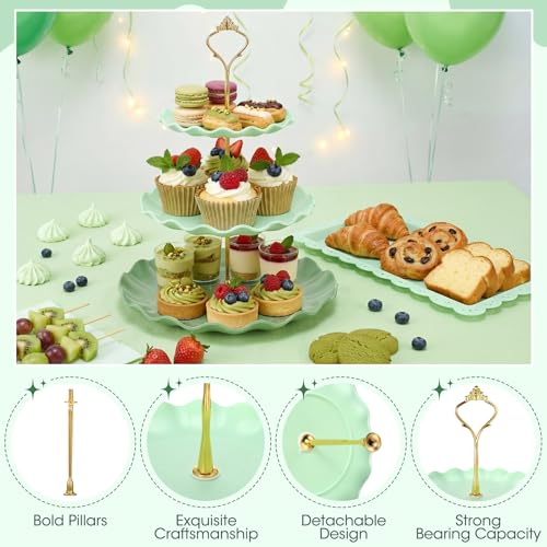 FoldTier 6 Pack Cupcake Stand Set 3 Pcs 3 Tier Gradient Dessert Table Display Stands Cookie Tray Rack 3 X14 in Rectangle Party Trays for Wedding Birthday Tea Party Baby Shower(Green,Round) - color: Green, style: Round