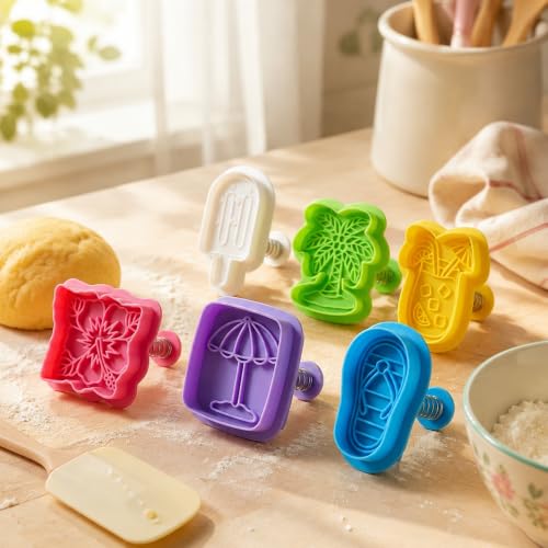 6Pcs Summer Beach Cookie Cutters Shapes Plunger Cookie Cutters with Spring