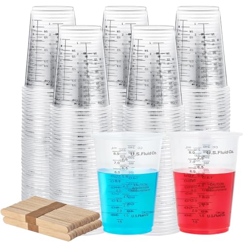 Taeku Plastic Measuring Cups with Mixing Sticks, 8 oz Clear Cup, 100 Pack